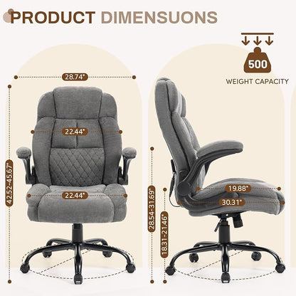 Massage Office Chair, 500LBS Ergonomic Rocking Executive Desk Chairs with 4 Points Vibration&Heat,Padded Flip-up Armrests for Big and Tall Office Chair,Swivel Computer Chair Thicken Back,Fabric Grey