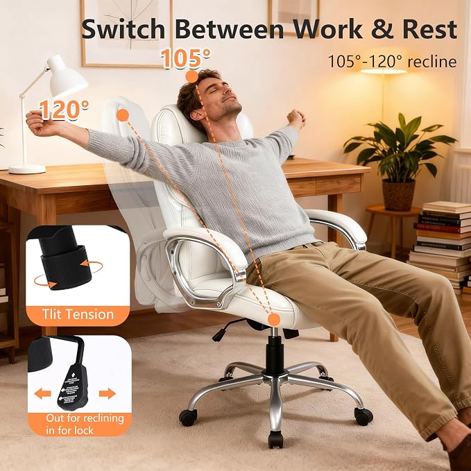 FDW Office Chair Computer High Back Adjustable Ergonomic Desk Chair Executive PU Leather Swivel Task Chair with Armrests Lumbar Support (Beige)