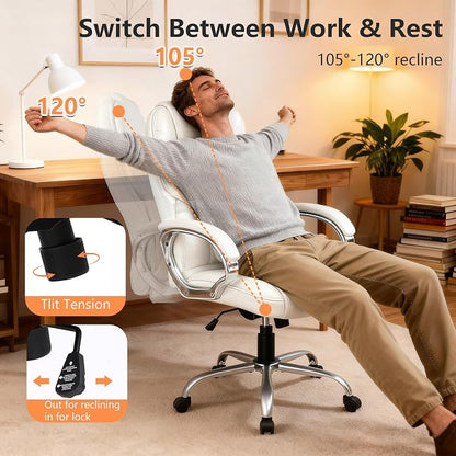 FDW Office Chair Computer High Back Adjustable Ergonomic Desk Chair Executive PU Leather Swivel Task Chair with Armrests Lumbar Support (Beige)