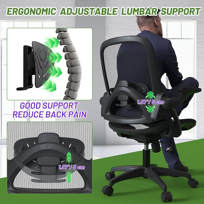Full Mesh Home Office Desk Chair with Flip Up Arms Height Adjustable Lumbar Support Swivel Wheels for Adult