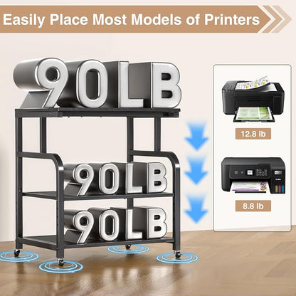 niffgaff Mobile Printer Stand with Large Desktop - 3 Tier Shelf, 24.4 Inch Height, Wooden Organizer for Home&Office, Black