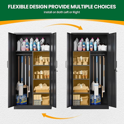 72" H Metal Garage Storage Cabinets, Lockable Broom Closet Cabinet with Hanging Rod & Doors, 5-Tier Steel Utility Cabinets for Garage, Laundry Room, Warehouse Storage, Black