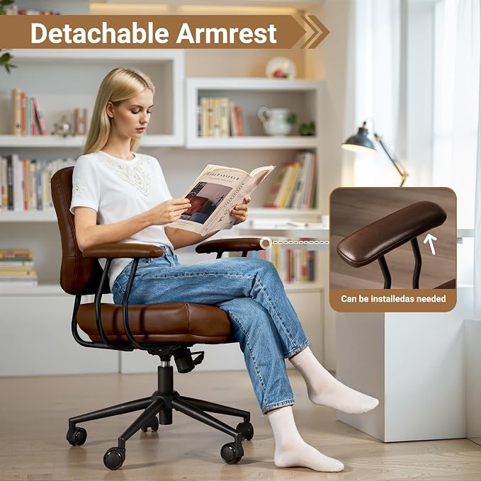 Ergonomic Home Office Chair, Mid-Century Faux Leather Home Office Desk Chairs with Wheels, Office Computer Chair with Rocking Swivel (Coffee,PU Leather)