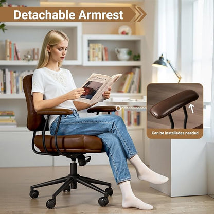 Ergonomic Home Office Chair, Mid-Century Faux Leather Home Office Desk Chairs with Wheels, Office Computer Chair with Rocking Swivel (Coffee,PU Leather)