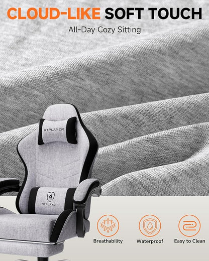GTPLAYER Gaming Chair with Footrest, Computer Gaming Chair for Adults, Height Adjustable Gamer Chair with 90-155° Recline & Removable Headrest Lumbar Support,Linen Fabric Gray-Black