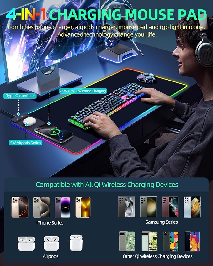 Mouse Pad with Wireless Charger, RGB Gaming Mousepad, 31.5"x15.7" Extra Large Desk Mat, 13 Light Modes, Ultra-Smooth Surface, Non-Slip Base, Waterproof Computer Keyboard Pad, Black with PD Adapter