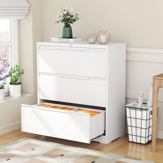 Lateral File Cabinet, 3 Drawer Lateral File Cabinet with Lock, Metal Lateral Filing Cabinet for Home Office, Office Organization Cabinet for Letter/Legal/F4/A4 Size