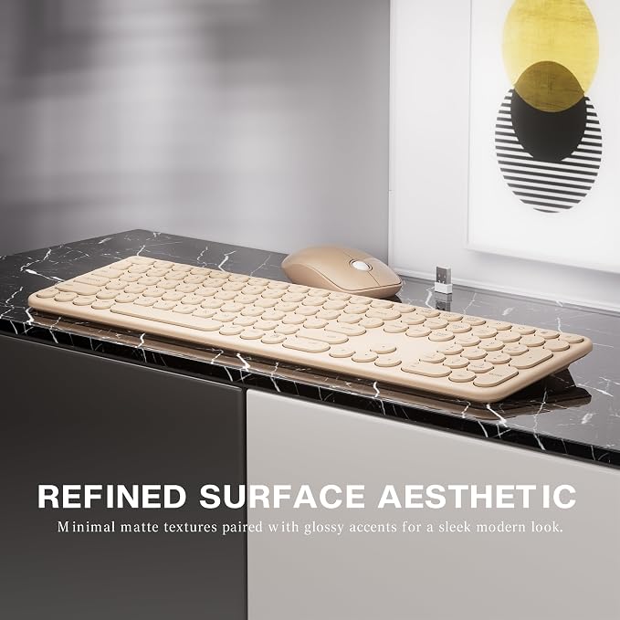 MPTOG Wireless Keyboard and Mouse Combo, Retro Round Typewriter Keys, 2.4G Silent Connection with Number Pad, Ergonomic Aesthetic Desk Set for Home Office, Laptop, PC, Mac (Milk-Tea)