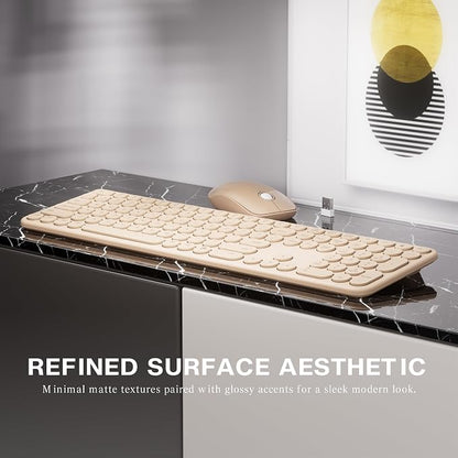 MPTOG Wireless Keyboard and Mouse Combo, Retro Round Typewriter Keys, 2.4G Silent Connection with Number Pad, Ergonomic Aesthetic Desk Set for Home Office, Laptop, PC, Mac (Milk-Tea)