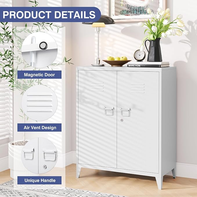 Metal Storage Cabinet,Home Office Cabinet with Doors and Adjustable Shelves,Locking Cabinet with Adjustable Leg Levelers Assembly Required(White)