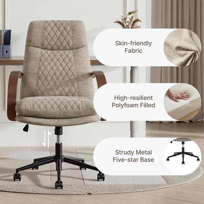 KISLOT Home Office Desk Chair, Ergonomic Office Chair with Lumbar Support, Adjustable Swivel Computer Chair with Wheels, Fabric Executive Task Chair with Wood Arms, Set of 2, Khaki