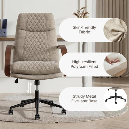 KISLOT Home Office Desk Chair, Ergonomic Office Chair with Lumbar Support, Adjustable Swivel Computer Chair with Wheels, Fabric Executive Task Chair with Wood Arms, Set of 2, Khaki