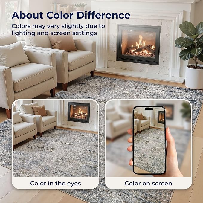 DMOYEST Area Rug Living Room Rugs - 6x9 Washable Large Soft Indoor Neutral Modern Abstract Low Pile Rug Carpet for Bedroom Dining Room Farmhouse Home Office - Blue/Grey/Brown