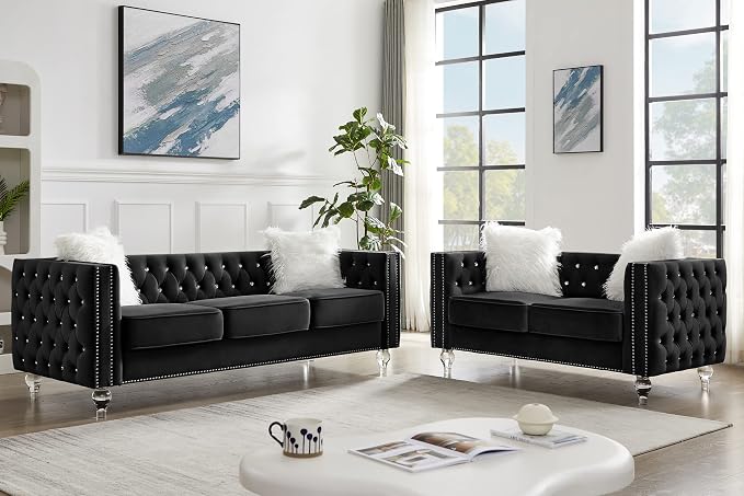 mikibama Velvet Loveseat with Buttons and Square Arms 59 Inch Tufted Sofa with Trimmed Nailhead and Metal Legs Loveseat Couch for Living Room, Bedroom (Black-Crystal Legs, Loveseat + Sofa)