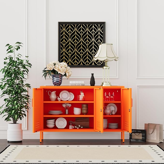 32" Orange 3 Door Lockable Metal Cabinet, Freestanding Multipurpose Heavy Duty Storage Locker with Adjustable Shelves for Home Office Kitchen Living Room Bedroom