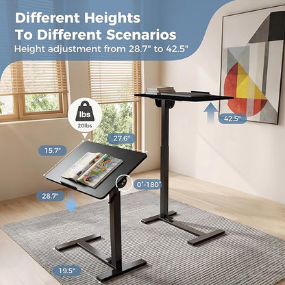 DUMOS Standing Desk on Wheels Height Adjustable Computer Cart with Pneumatic Lift, Rolling Table, Portable Workstation for Bed, Sofa, Hospital or Office Black