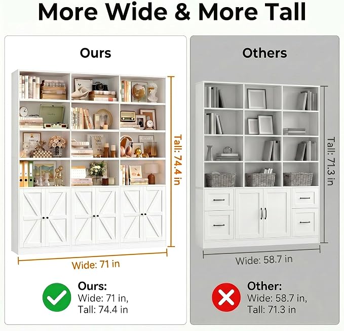FACBOTALL 75" Triple Wide Bookshelf, White Bookshelf and Bookcase with 6 Farmhouse Doors, 71" Wide 6 Tier Book Shelf with 18 Storage Shelves, Large Wooden Bookshelves, Tall Bookcase for Office, White