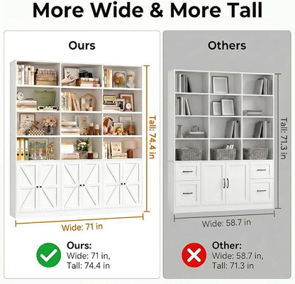 FACBOTALL 75" Triple Wide Bookshelf, White Bookshelf and Bookcase with 6 Farmhouse Doors, 71" Wide 6 Tier Book Shelf with 18 Storage Shelves, Large Wooden Bookshelves, Tall Bookcase for Office, White