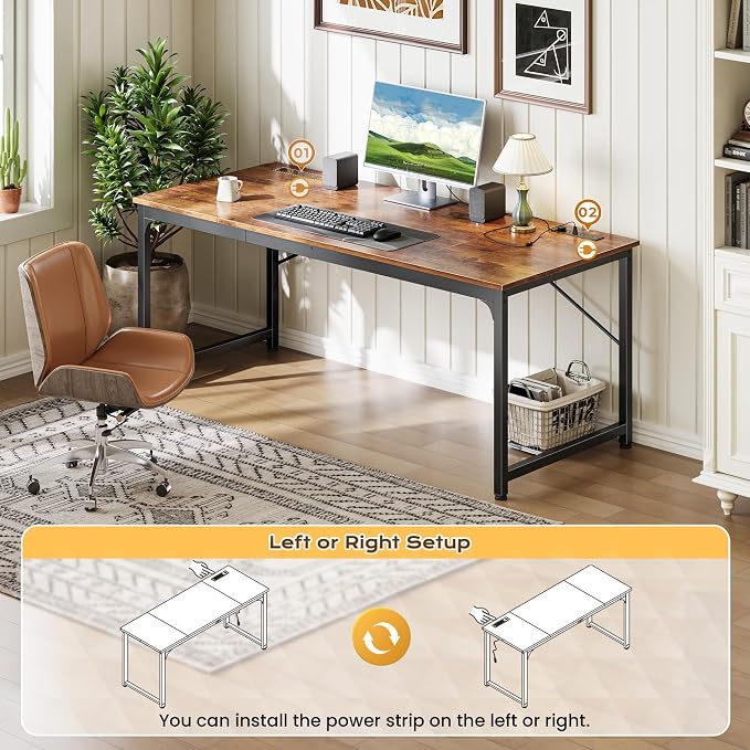 PRAISUN 63 X 30 Inch Computer Desk with Power Outlets & USB-C Port,Larger and Longer Office Desk with Deeper Desktop, Study, Bedroom, Writing Work from Home Table, Metal Frame, Rustic Brown