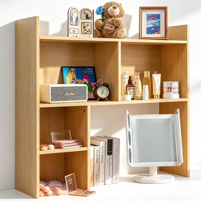 deli Desktop Shelf, Desk Hutch with 5 Shelves for Computer Desk, Desktop 3-Tier Display Rack, Multipurpose Wood Desktop Bookshelf Storage Organizer for Dorm Office Home, Natural