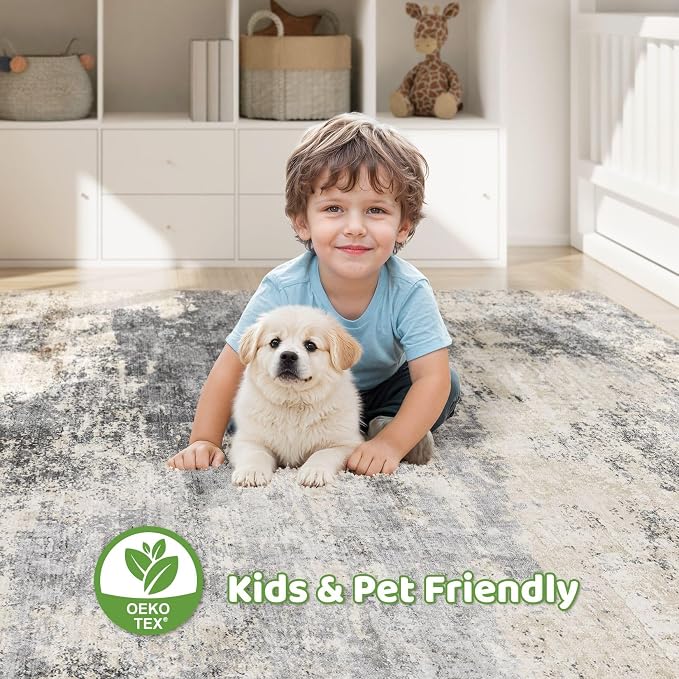 10x14 Area Rugs Living Room: Washable Large Abstract Modern Soft Rug Stain Resistant Indoor Floor Non Slip Accent Carpet for Bedroom Nursery Playroom Office Dining Room Dorm Home House- Gray Brown