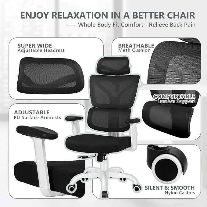Winrise Office & Gaming Chair, High Back Ergonomic Reclining Desk Chair, Big & Tall, Comfy Home Office, Breathable Mesh, Adjustable Armrests (White)