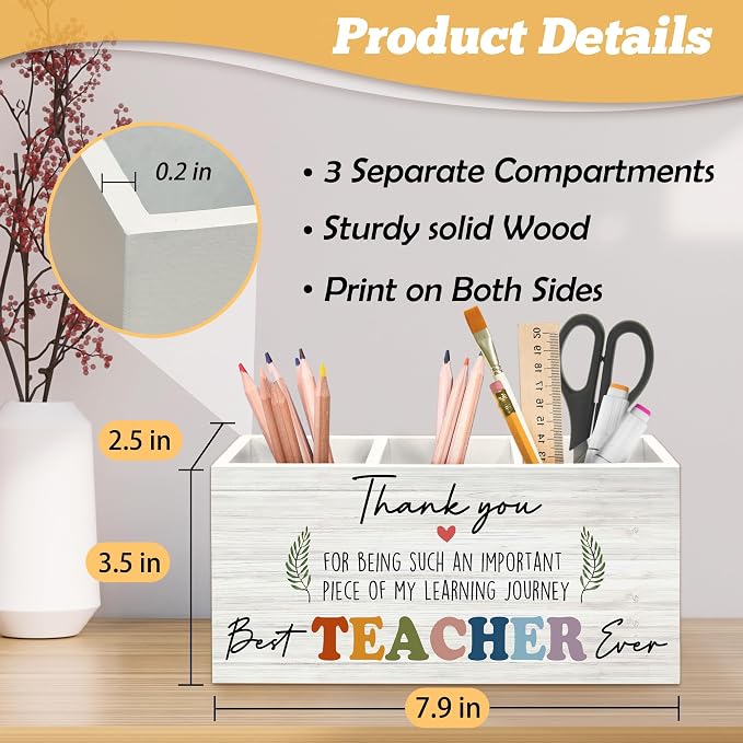 Teacher Appreciation Gifts Pen Holder Organizer for Desk Accessories, End of Year Thank You Teacher Gifts for Women Men Wooden Box Sign Desk Decorations for Office Classroom Tabletop