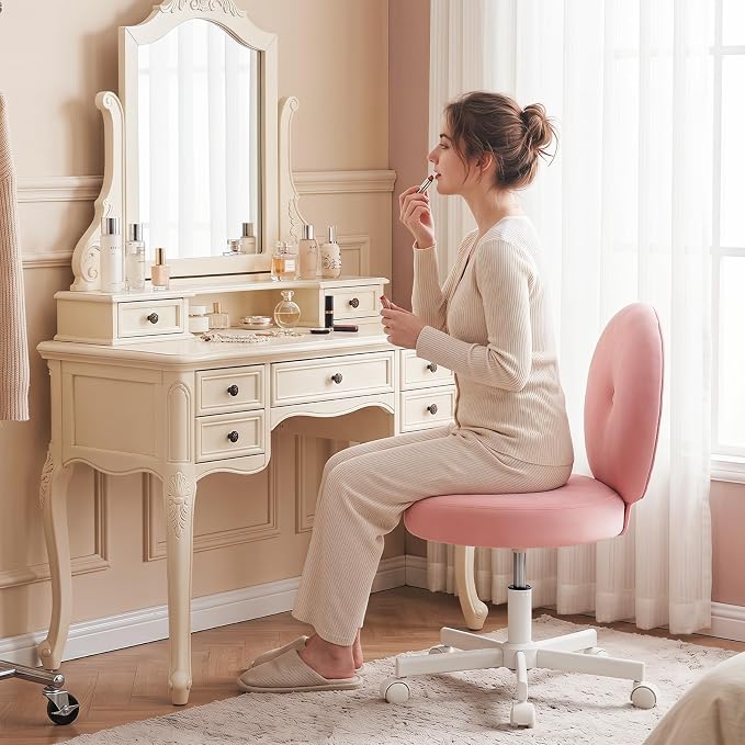 Furniliving Round Velvet Vanity Chair with Wheels, 360° Swivel Armless Desk Chair, Adjustable Height Rolling Makeup Chair for Bedroom Study Room, Pink