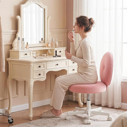 Furniliving Round Velvet Vanity Chair with Wheels, 360° Swivel Armless Desk Chair, Adjustable Height Rolling Makeup Chair for Bedroom Study Room, Pink