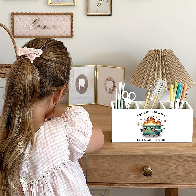 Funny Dumpster Fire Pen Pencil Holder for Desk, Coworker Gifts for Women Men, Dumpster Fire Gifts, This Little Light of Mine Wooden Box Sign Decorations for Office Workplace Desk Tabletop