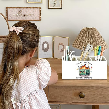 Funny Dumpster Fire Pen Pencil Holder for Desk, Coworker Gifts for Women Men, Dumpster Fire Gifts, This Little Light of Mine Wooden Box Sign Decorations for Office Workplace Desk Tabletop
