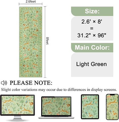 DUKINO 2.6x8 Rug for Hallway, Washable Kitchen Runner Rug with Non Slip Backing, Soft Low Pile Vintage Animal Runner for Bedroom, Kitchen, Hallway, Entryway, Laundry, Light Green