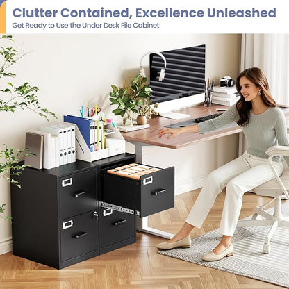 2-Drawer File Cabinet with Lock, Small Filing Cabinet Organizer for Hanging A4/Letter/Legal Size Folder, Under Desk Vertical Filing Cabinets for Home Office, Printer Stand, Black