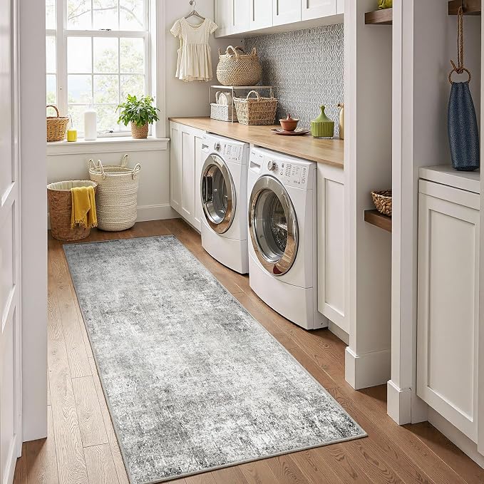 RELEANY Washable Area Rugs 2'x8' Non-Slip Modern Abstract Soft for Living Room Entryway Bedroom Kitchen, Print Pattern, Gray White Grey