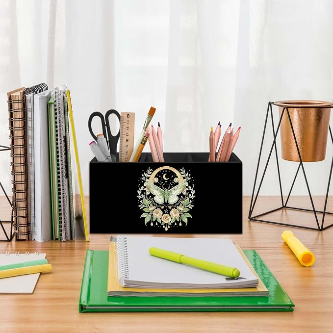 Boho Luna Moth Floral Pen Holder for Desk, Dark Cottagecore Celestial Pencil Organizer, Mystical Botanical Floral Moth Insect Wooden Pen Holder Desk Accessories Decor for Home Office