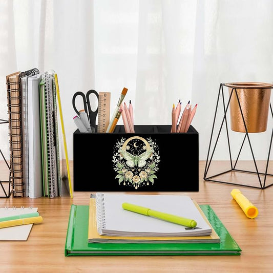 Boho Luna Moth Floral Pen Holder for Desk, Dark Cottagecore Celestial Pencil Organizer, Mystical Botanical Floral Moth Insect Wooden Pen Holder Desk Accessories Decor for Home Office