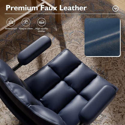 Ollega Mid Century Modern Desk Chair, Vintage Leather Office Chair, Blue | Petite Computer Chair for Small to Medium Women, Thickened Back, Cozy Seat, Adjustable Height for Home