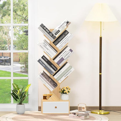 SHEEPAM 8 Tier Tree Bookshelf with Drawer, Free Standing Wood Bookcase for Narrow Space, Storage Organizer Bookshelves for Books, Book Case for Home Office, Living Room, Bedroom - Natural