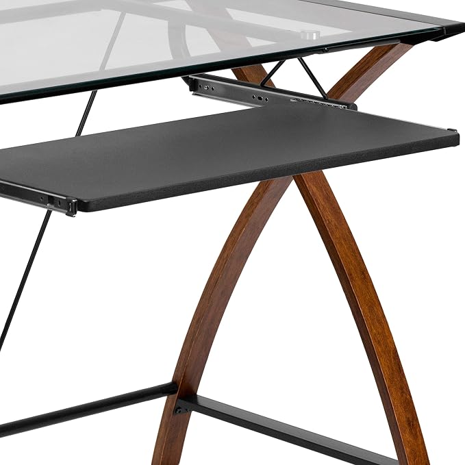 Flash Furniture Jude Tempered Glass Computer Desk with Pull-Out Keyboard Tray and Crisscross Frame, Small Computer Desk for Home Office, Cherry/Clear