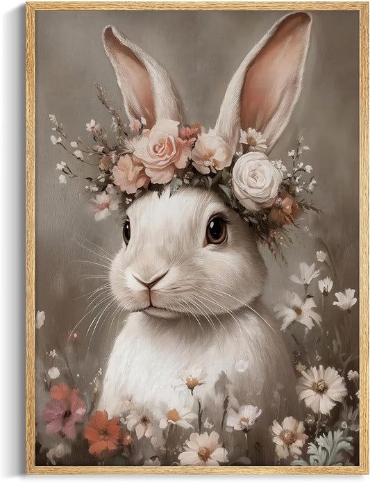 WIARTSH Vintage Easter Bunny Wall Art Poster, White Bunny with Flower Crown Canvas Prints, Cottage Farmhouse Animal Artwork, Rustic Easter Wall Decor for Kids Room Bedroom Living Room 8x10in Unframed