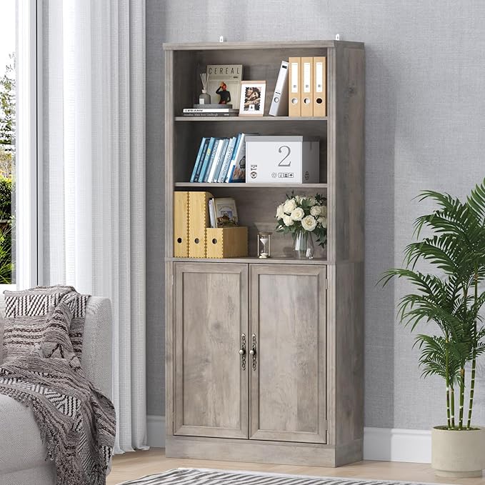 Thacuok 72'' Tall Bookcase with Doors, Adjustable Shelves, P2 MDF Construction, 32'' Wide Freestanding Cabinet with Metal Handles, Hidden Storage for Living Room, Bedroom