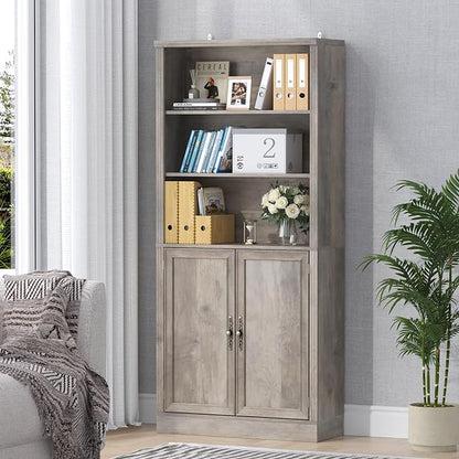 Thacuok 72'' Tall Bookcase with Doors, Adjustable Shelves, P2 MDF Construction, 32'' Wide Freestanding Cabinet with Metal Handles, Hidden Storage for Living Room, Bedroom