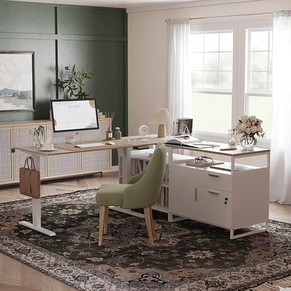 FEZIBO Electric L Shaped Standing Desk with Storage, Executive Desk Adjustable Height, Light Walnut