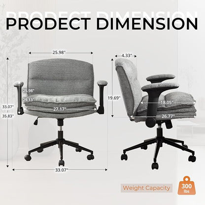 Dowinx Criss Cross Chair with Adjustable Flip-up Arms and Wheels, Comfort Ergonomic Office Desk Armchair with 3 Layer Cushions, Wide Seat Vanity Chair for Home Office, Living Room, Bedroom, Gray