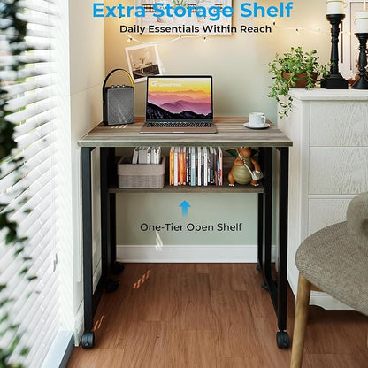 GreenForest Folding Desk with Wheels, 31.5 Inch Compact Rolling Computer Table with Storage Shelf, Portable Mobile Workstation for Small Spaces, Easy Assembly, Grey Wash
