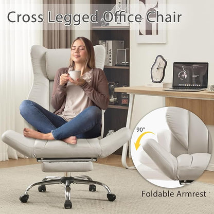 Ergonomic Cross Legged Office Chair with Footrest,Leather Big and Tall Executive Chair with Lumbar Pillow,Reversible Armrest for Pets,155° Reclining Computer Wide Desk Chair for Home,Office, Beige