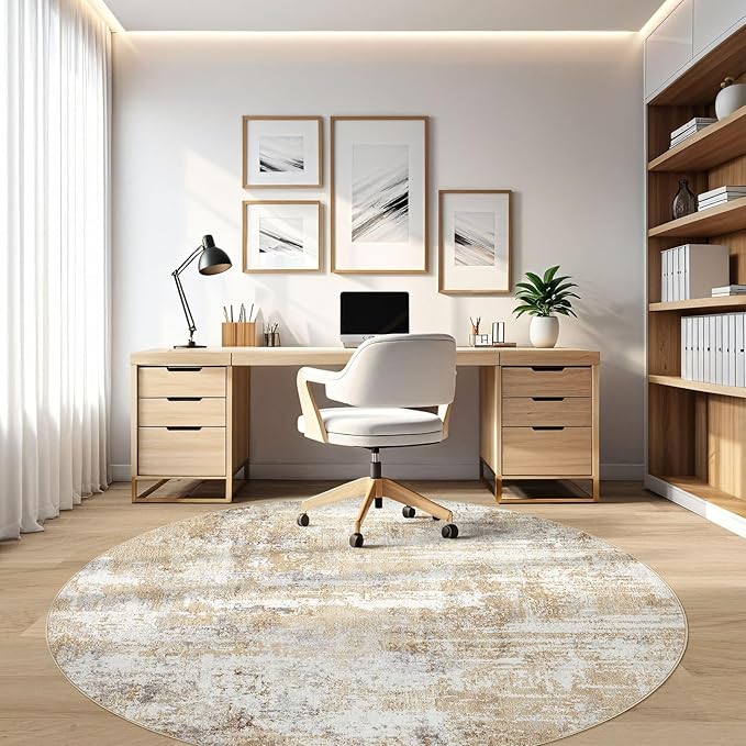 LOONGRUG Round Rug Living Room Rugs: 8Ft Washable Circle Large Abstract Modern Soft Stain Resistant Non Slip Indoor Floor Carpet for Bedroom Nursery Office Dining Room Dorm Home House Decor- Gray Gold