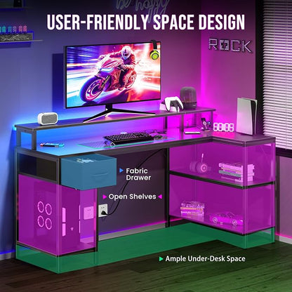 DUMOS 53” Gaming Desk with USB Charging Ports & LED Lights, Reversible L Shaped Desks Computer Corner Gamer Table with Stand Storage Shelves for Home Office Small Space, Modern Black