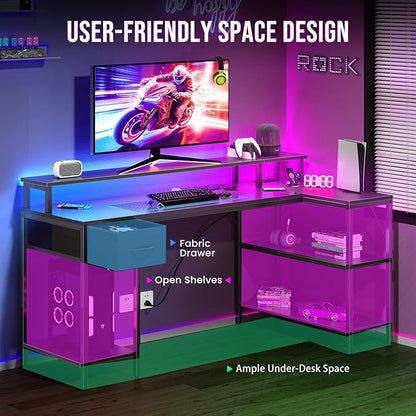 DUMOS 47" Gaming Desk with USB Charging Ports & LED Lights, Reversible L-Shaped Corner Computer Table for Small Spaces, Power Outlets, Monitor Stand & Storage Shelves Included, Black