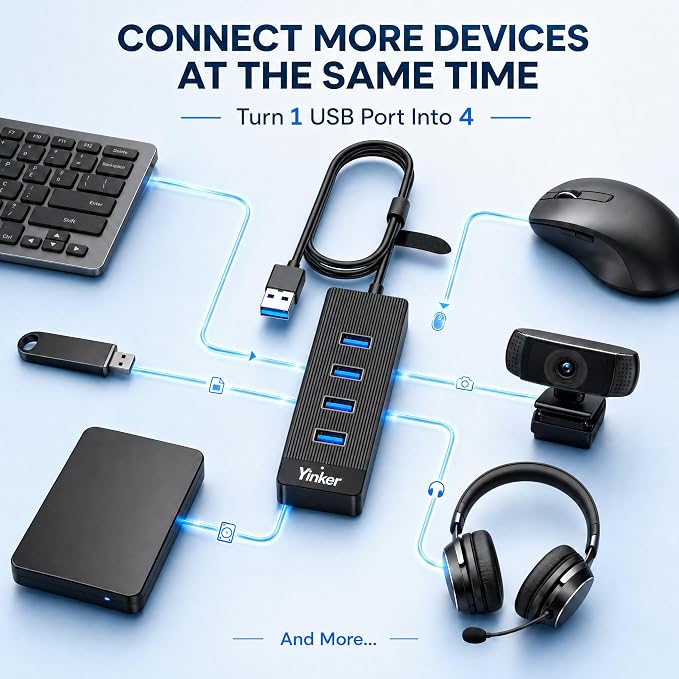 USB 3.0 Hub Long Cable 10FT, 4 Port USB Extension Data Cable USB Dock Extender for Desktop PC Laptop Mac, Windows, 5Gbps